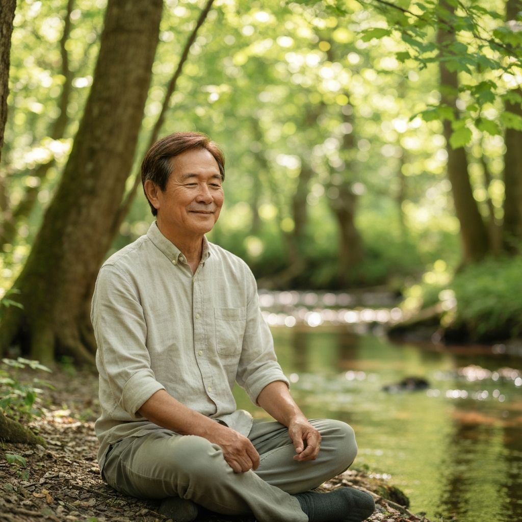 Mirna meditativna scena u prirodnom okruženju sa blagim svetlom